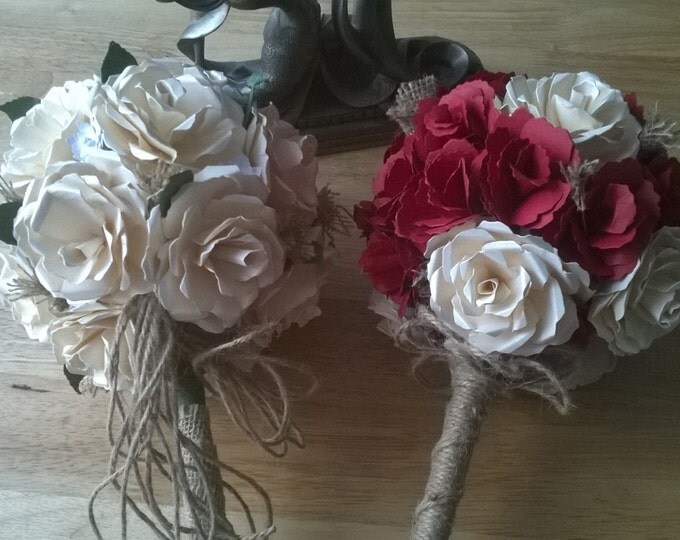 Red and Ivory Bridal Bouquet with Rustic Accent, Paper Wedding Bouquet, Wedding Bouquet, Paper Roses, Wedding Flowers