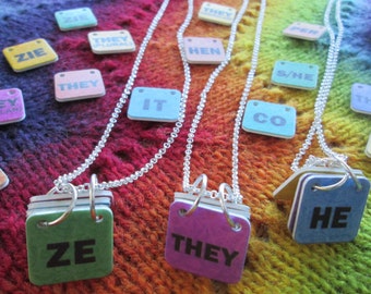 Genderfluid Pronouns Necklace - Custom - Build your own! - Silver Chain