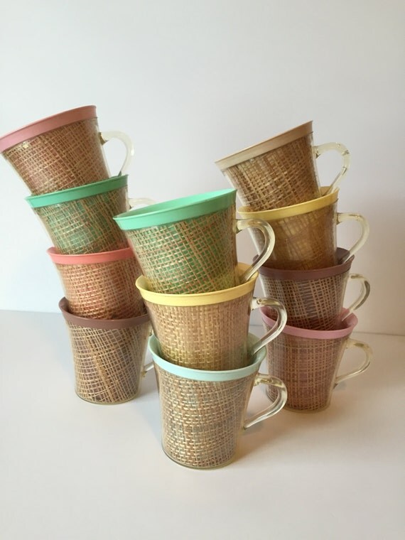 Cups, Retro  Melamine cups Vintage burlap Burlap   Raffia Coffee Mugs, vintage Mugs, Tea