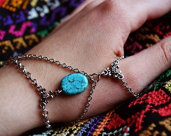 Turquoise thumb bracelet , turquoise jewelry, turquoise accessory, unique bracelet,ring connected to bracelet.