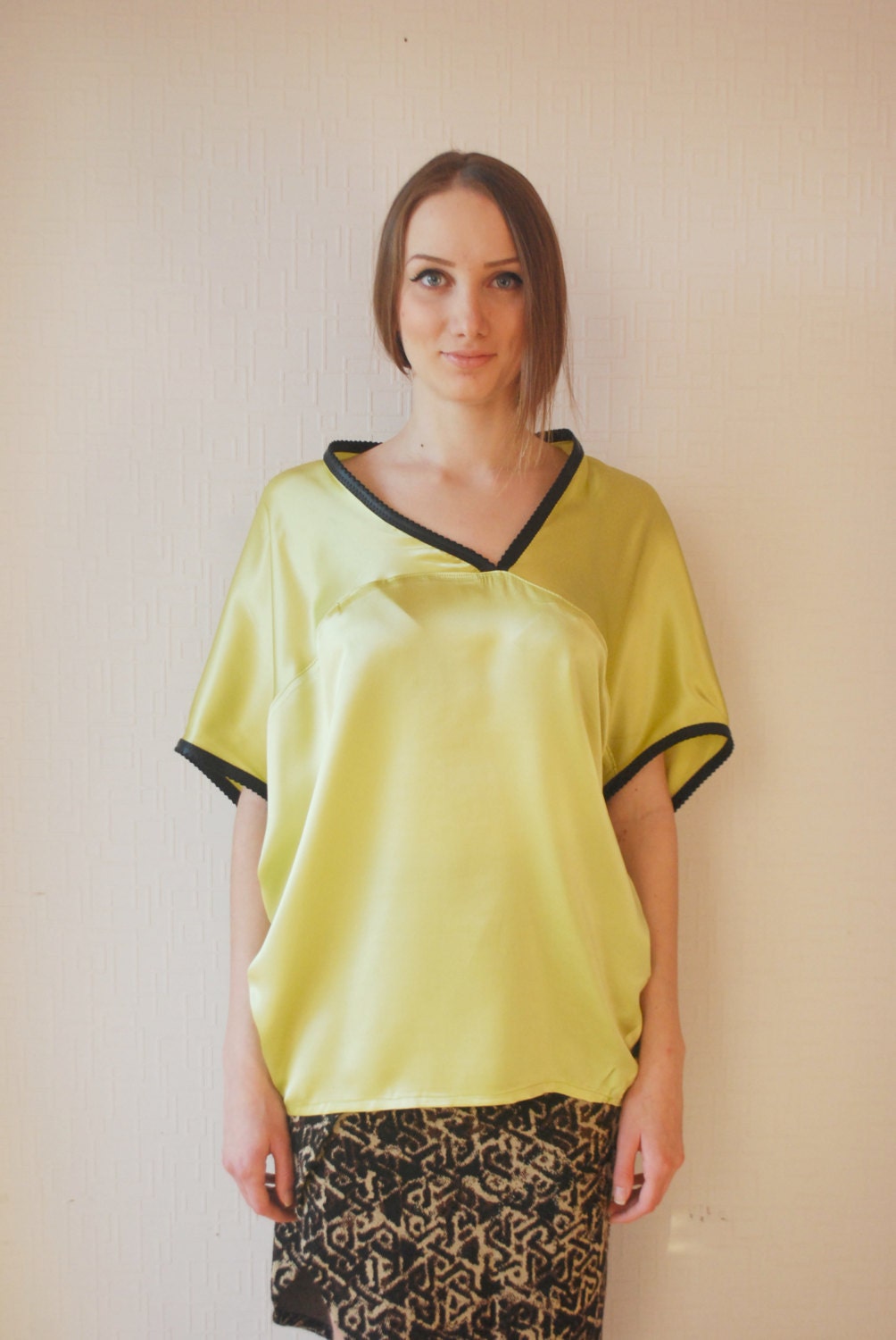 LIME SILK blouse Lime green top Free shape blouse by LALcouture