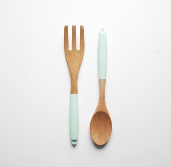 Mint Green  Wood Kitchen  Utensil  Set Wood Salad Serving Set