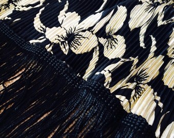 Vintage Shawl, Gold Crinkle Fabric, Fringed, Metallic Gold, Black, Floral Print, Made in US, Bold, Rectangle