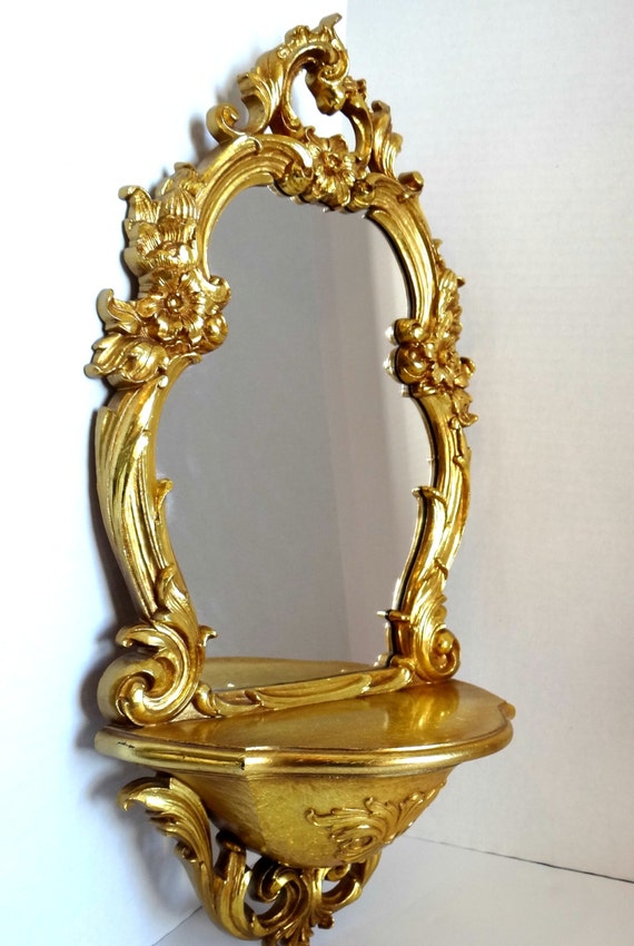Vintage Gold Mirror 1970s Hollywood Regency Style, Ornate Mirror with Shelf, Dart Industries Syroco 2327 Made in USA, Home Office Decor