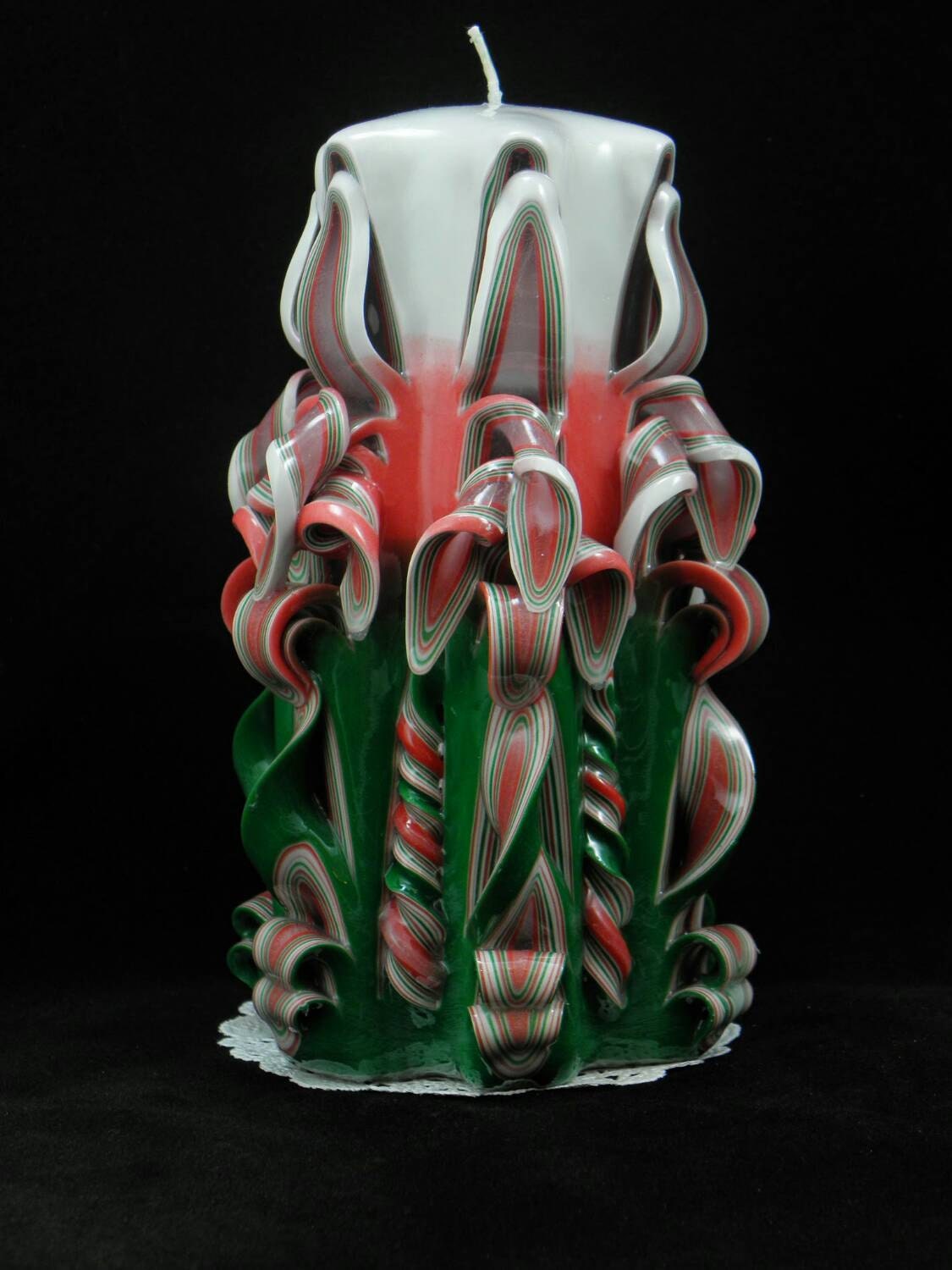 7.5 x 2.5 Inch Hand Carved Candle Red and Green Ribbon
