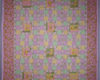 Super Ducks Baby Quilt, pink, green and yellow