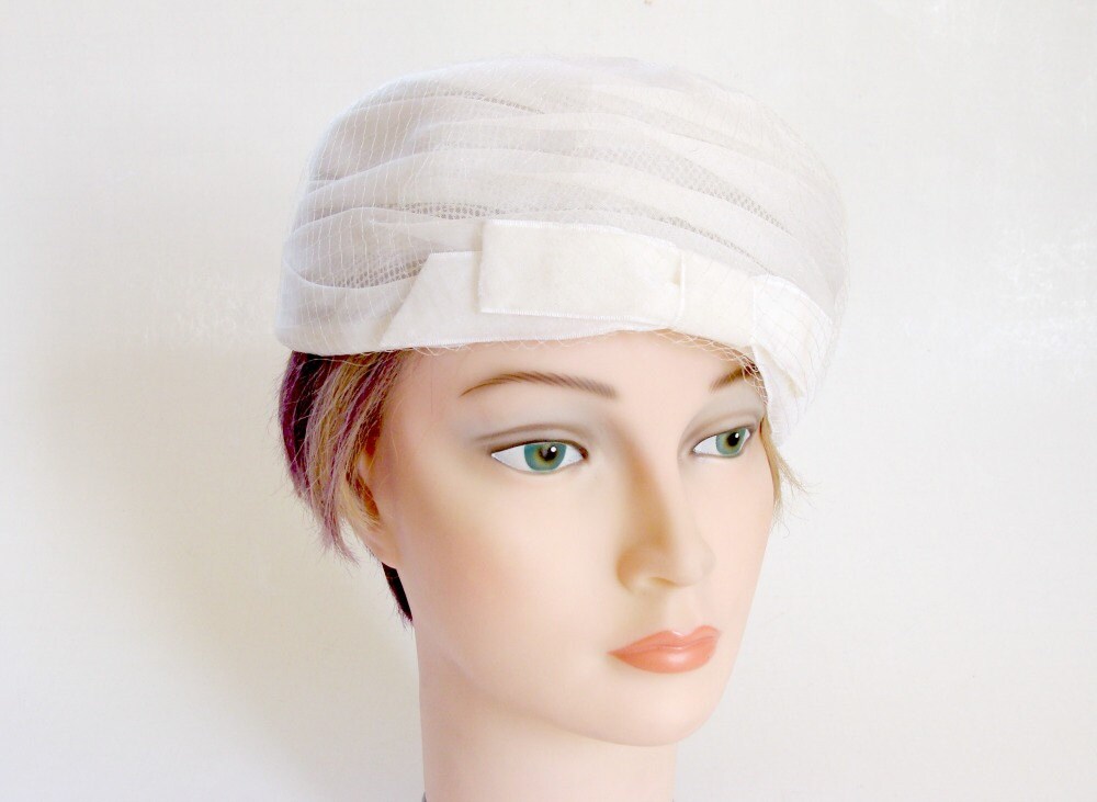 Union Made White Pillbox Hat with Bow and Netting White Sheer