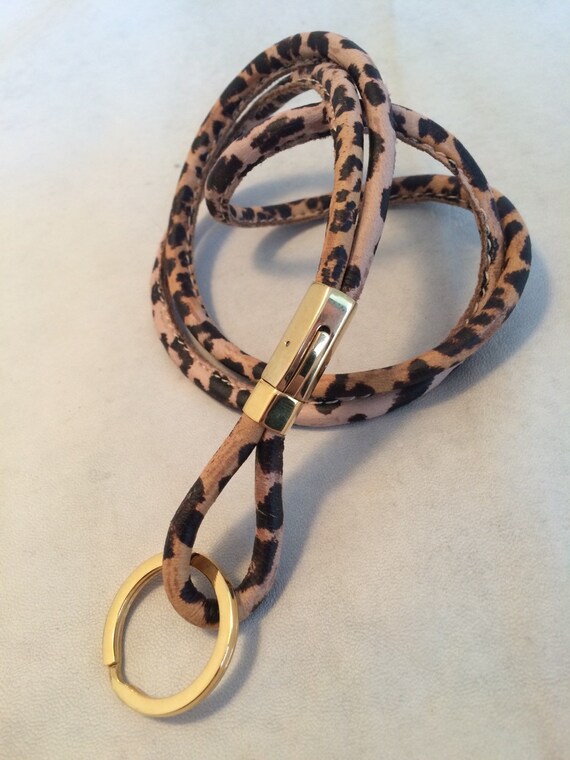 Lanyard / keychain / ID badge holder in leopard leather with
