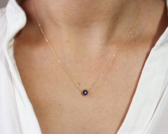 Tiny Evil Eye Necklace / Matte 22k Gold Plated Evil Eye on 14k Gold Filled Chain