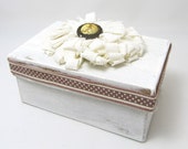Ivory Keepsake Box - Shabby Chic Box - Fabric Flower - Gift Box - Rustic Style - Brown Polka-Dot Ribbon - Small Keepsake Box - Simple Style