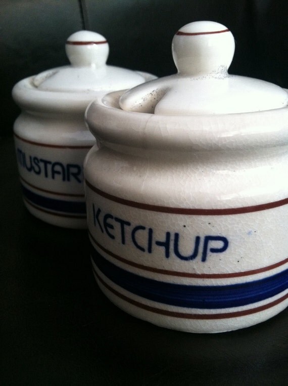 Vintage Stoneware Set condiment jars w spoon lids by HauteAppeal