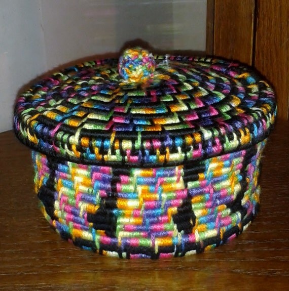 Rainbow Brite Coiled Yarn Basket with Lid Home Decor