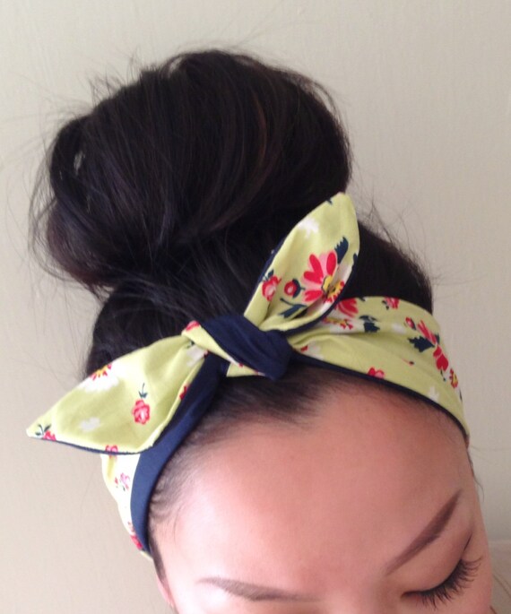 Green Floral with Solid Navy Reversible Dolly Bow Headband
