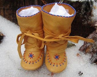 Baby Boy Boots Leather Baby Boots Native American Made Mukluks Soft Soled Baby Boots Baby Beaded Hightop Moccasins Native Baby Clothing Gift