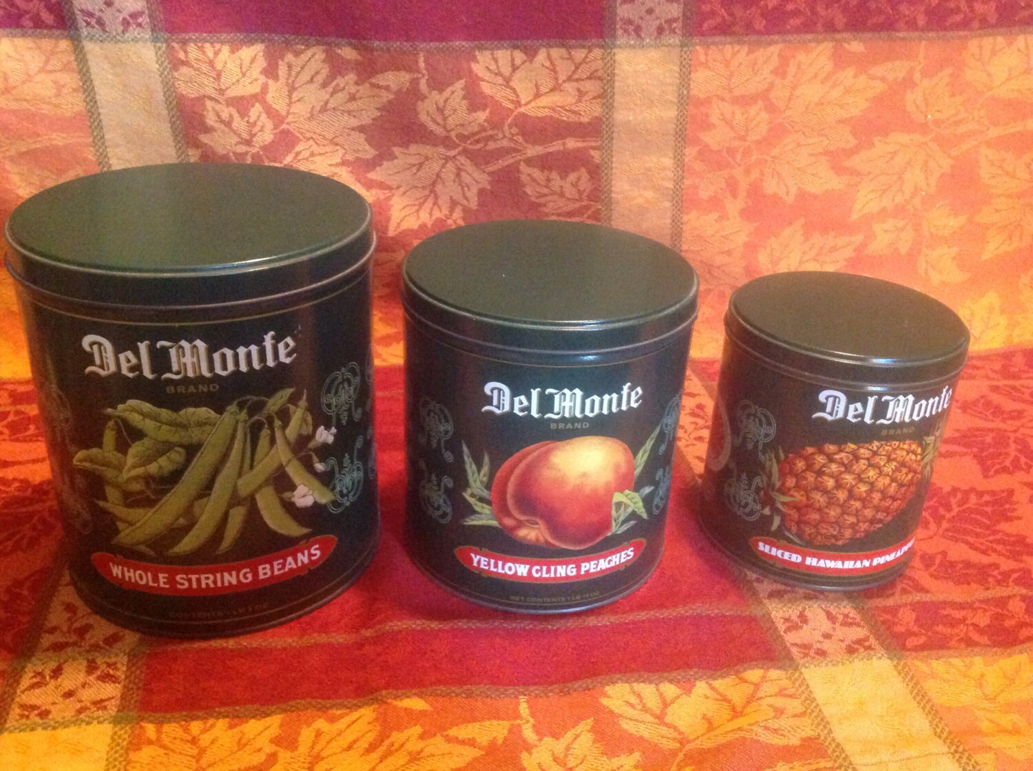 Set of Three Vintage DelMonte Fruit and Vegetable Tins, Metal Canister Set, DelMonte Canisters