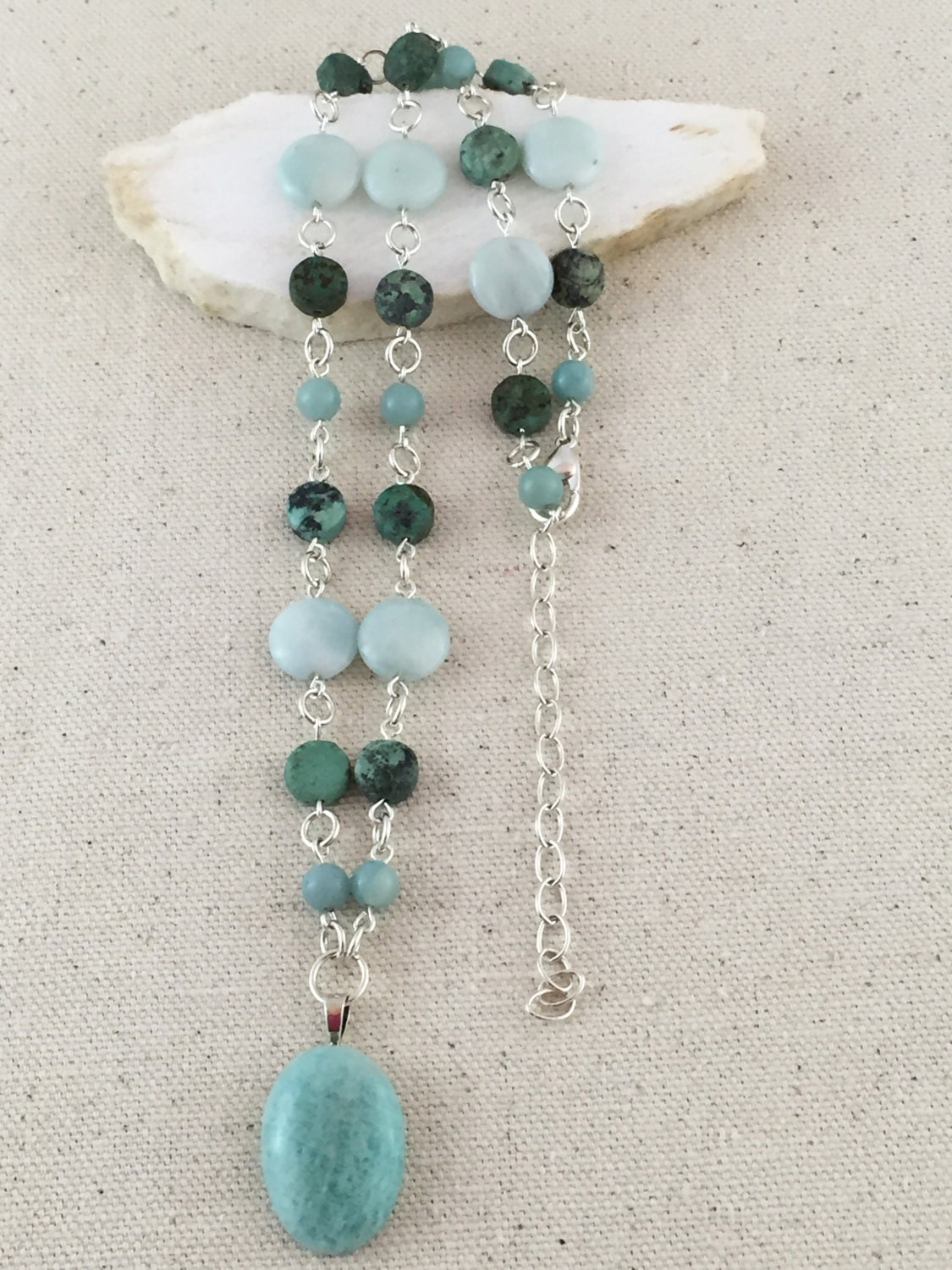 Turquoise Amazonite Pendant Necklace on Beaded Strand of