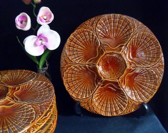 French oyster plate vintage majolica oyster plate 6 servings with sauce dip center Sold individually