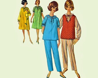 60s Pajamas Pattern Womens Nightgown Pattern Loungewear Pattern Long Pajamas House Dress 1960s Patterns Simplicity 5756 Bust 32 UNCUT