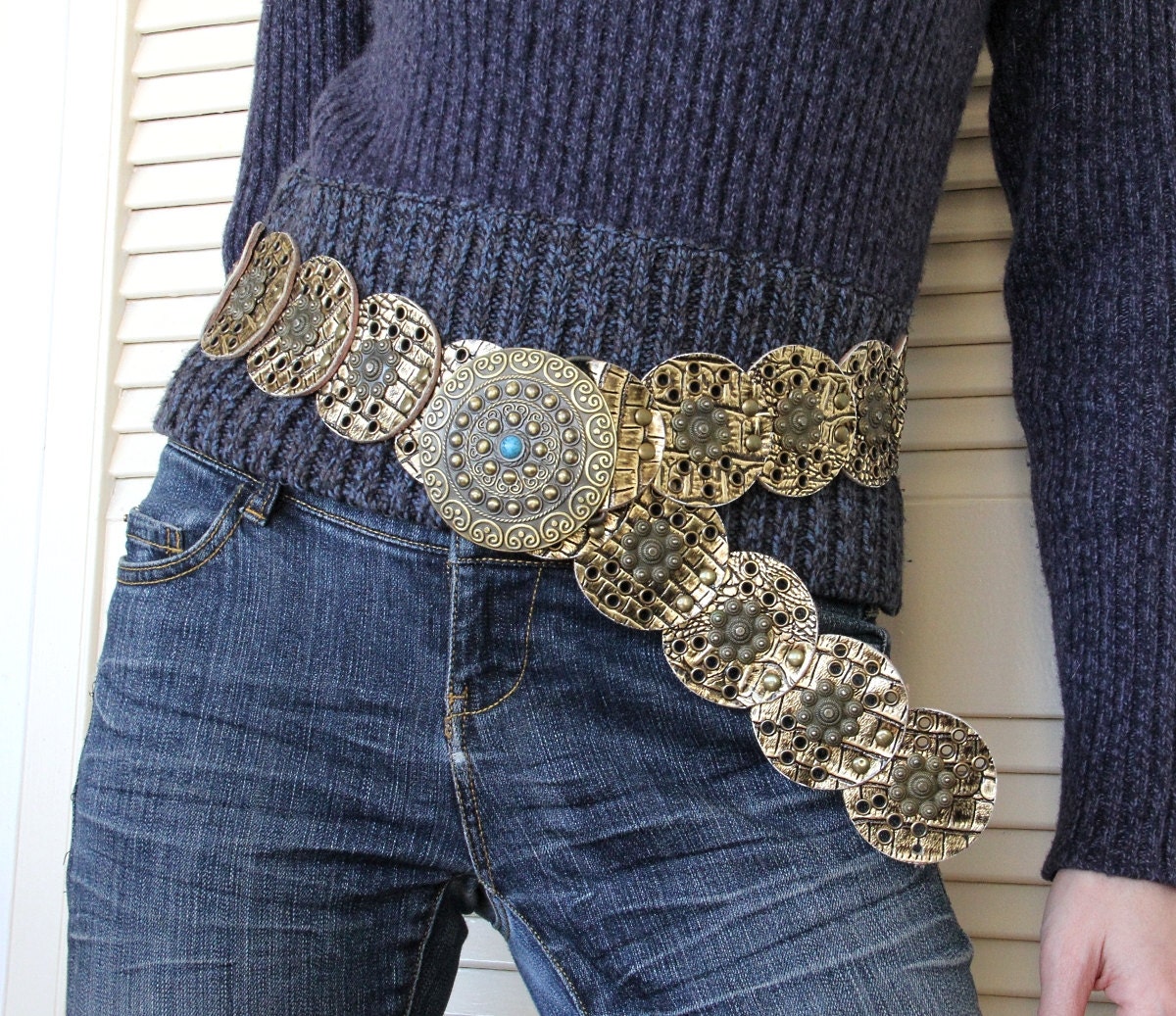 Vintage Circles Golden Faux Leather Belt Golden Faux Alligator Skin