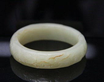 Certified Chinese Hetian Nephrite Jade Bangle. Carved, Thick with Skin!