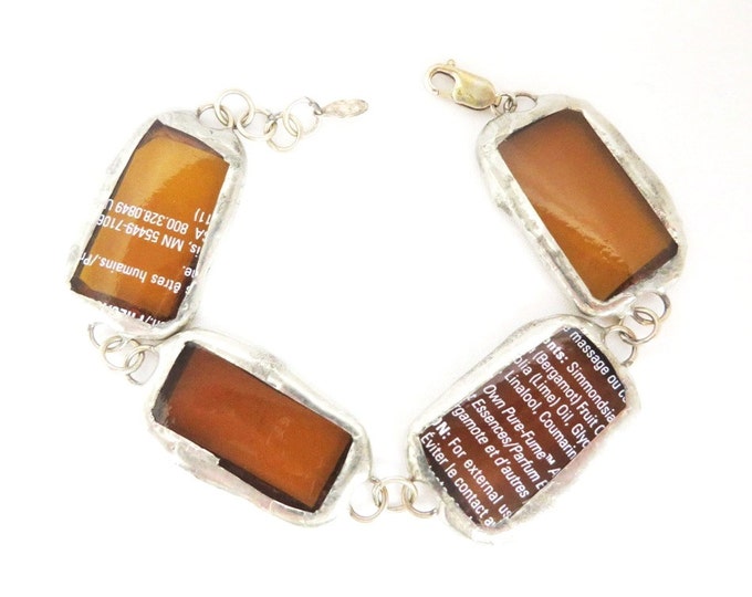 Vntage Amber Glass Links Bracelet, Perfume Bottle Silver Tone Bracelet