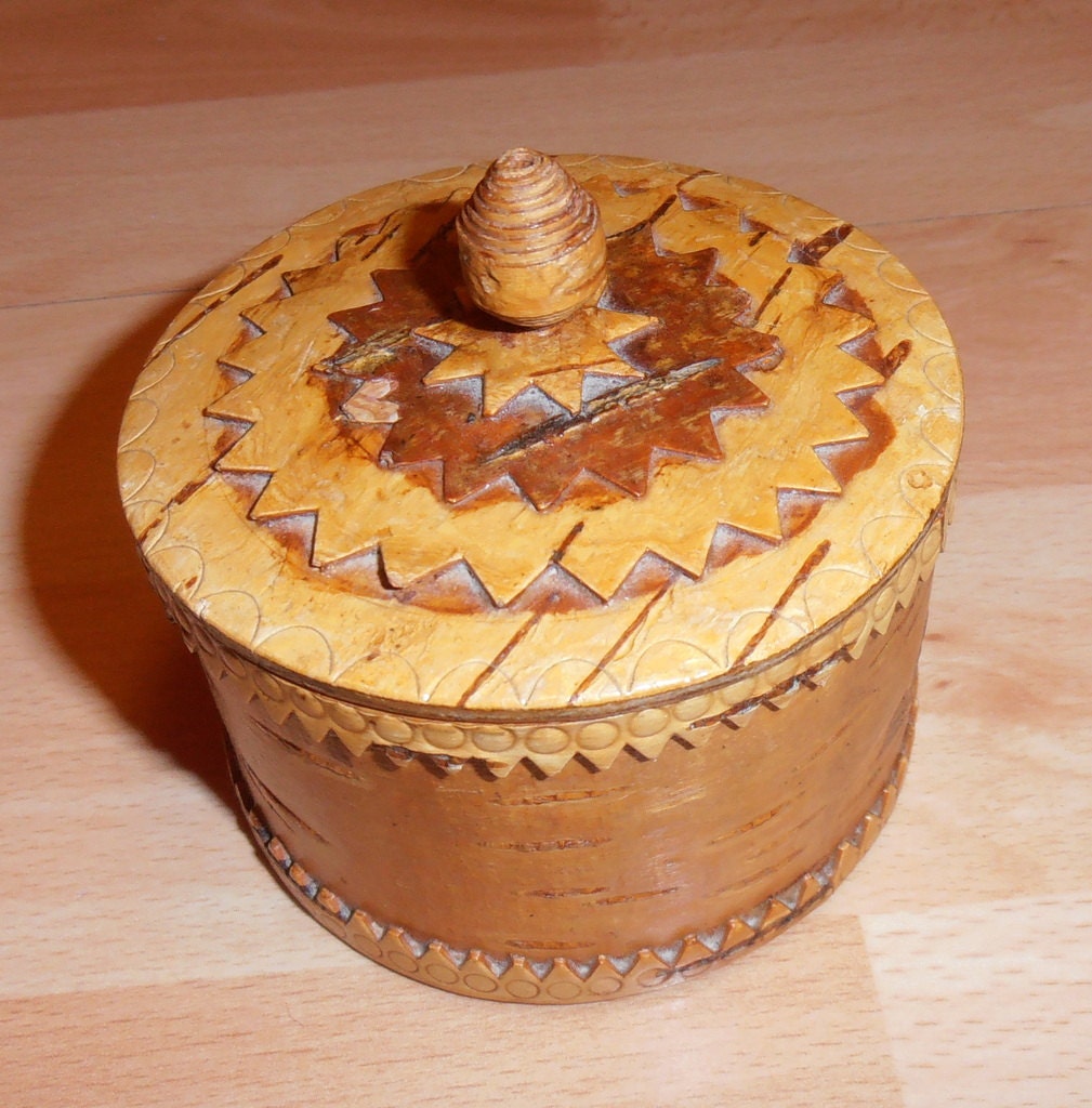 View of Swedish Wooden birch Box container with lid,Wood storage.Round wooden ...