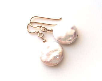 Freshwater Coin Pearl Gold Earrings, June Birthstone Earrings