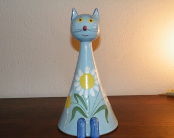 Whimsical Italian 1960's Blue Ceramic Cat Piggy Bank