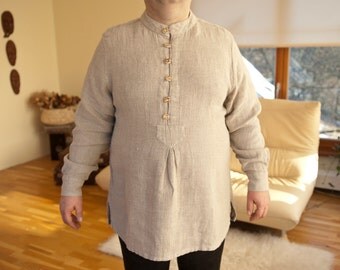 17th century style natural linen handmade men's shirt with antler buttons