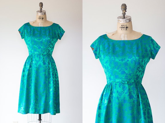 GARBO dress 1950s green and blue floral satin party dress