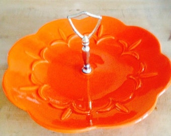 orange mid century serving dish with handle