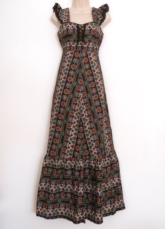 1970 70s Maxi Sun Dress in Brown Floral Floor Length