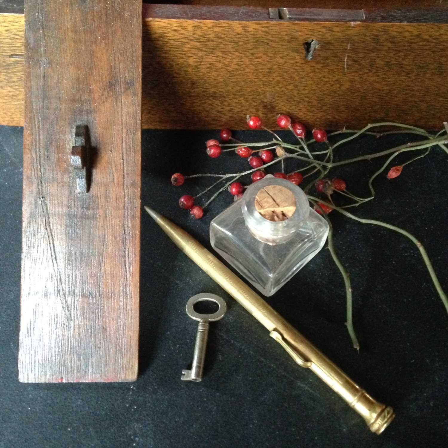 Antique solid wood travel writing lap desk with key and