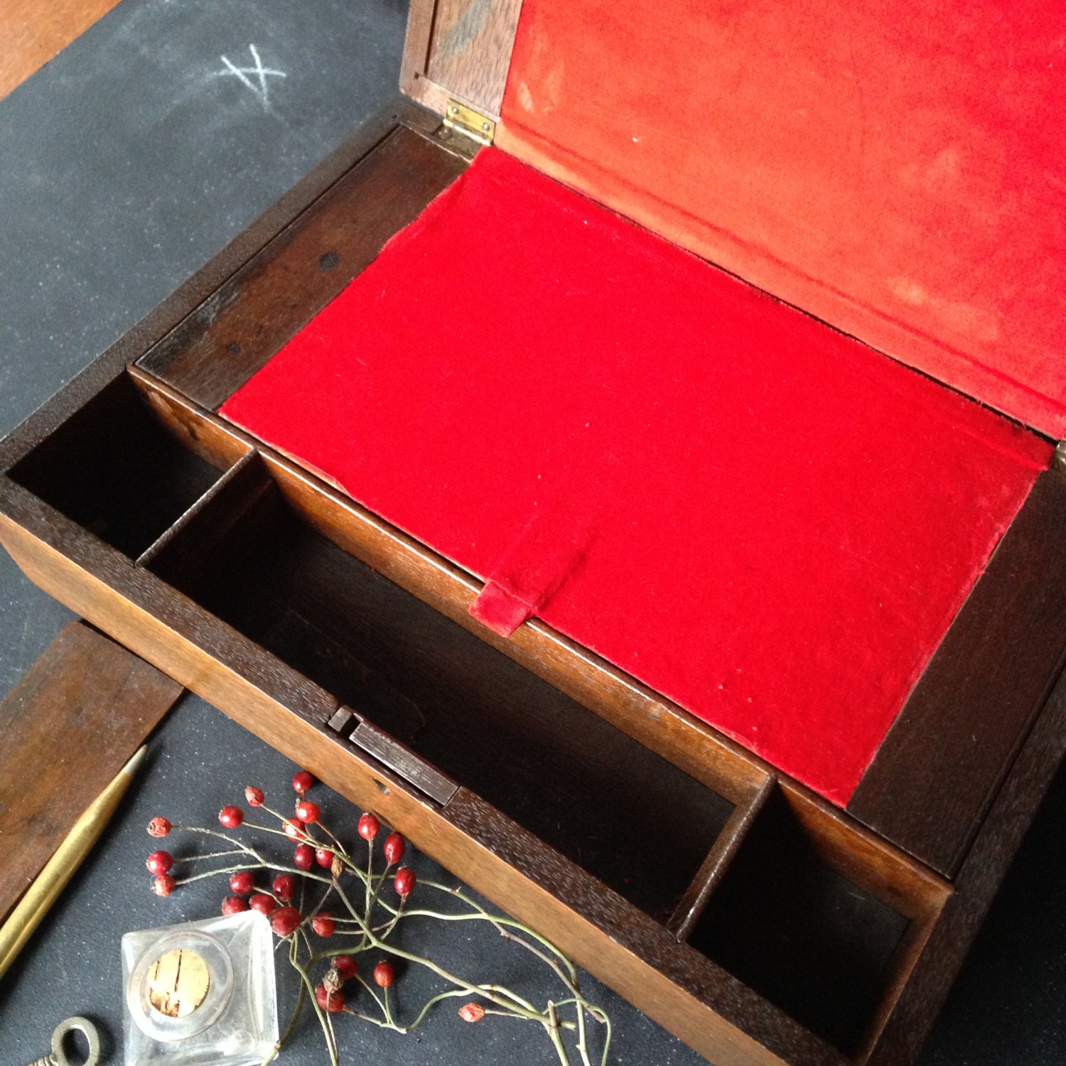 Antique solid wood travel writing lap desk with key and