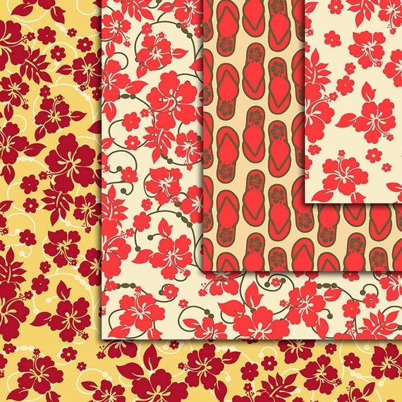 Hibiscus flower Hawaiian pattern - Hawaiian Digital Paper - 10pcs 300dpi (paper crafts, card ...