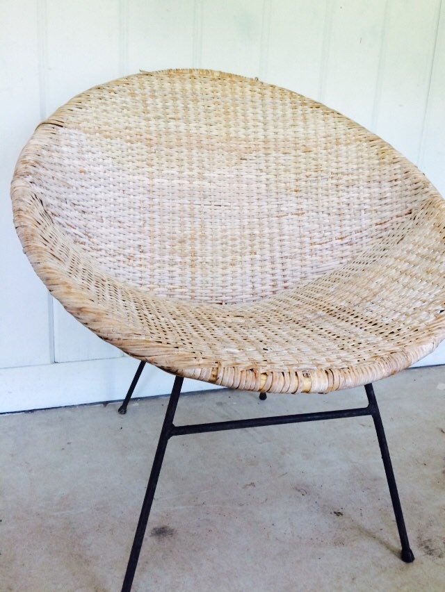 Two MidCentury Woven Nest Chairs with Cast Iron Legs Haute Juice