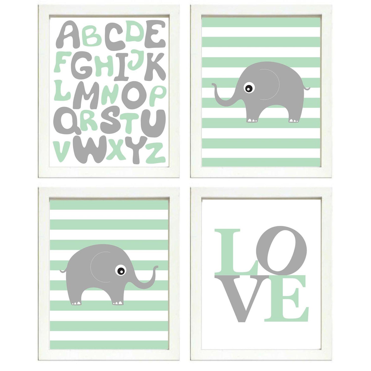 Elephant Nursery Art Set of 4 Prints Grey Mint Green Stripes LOVE Alphabet ABC Child Kids Room Wall 