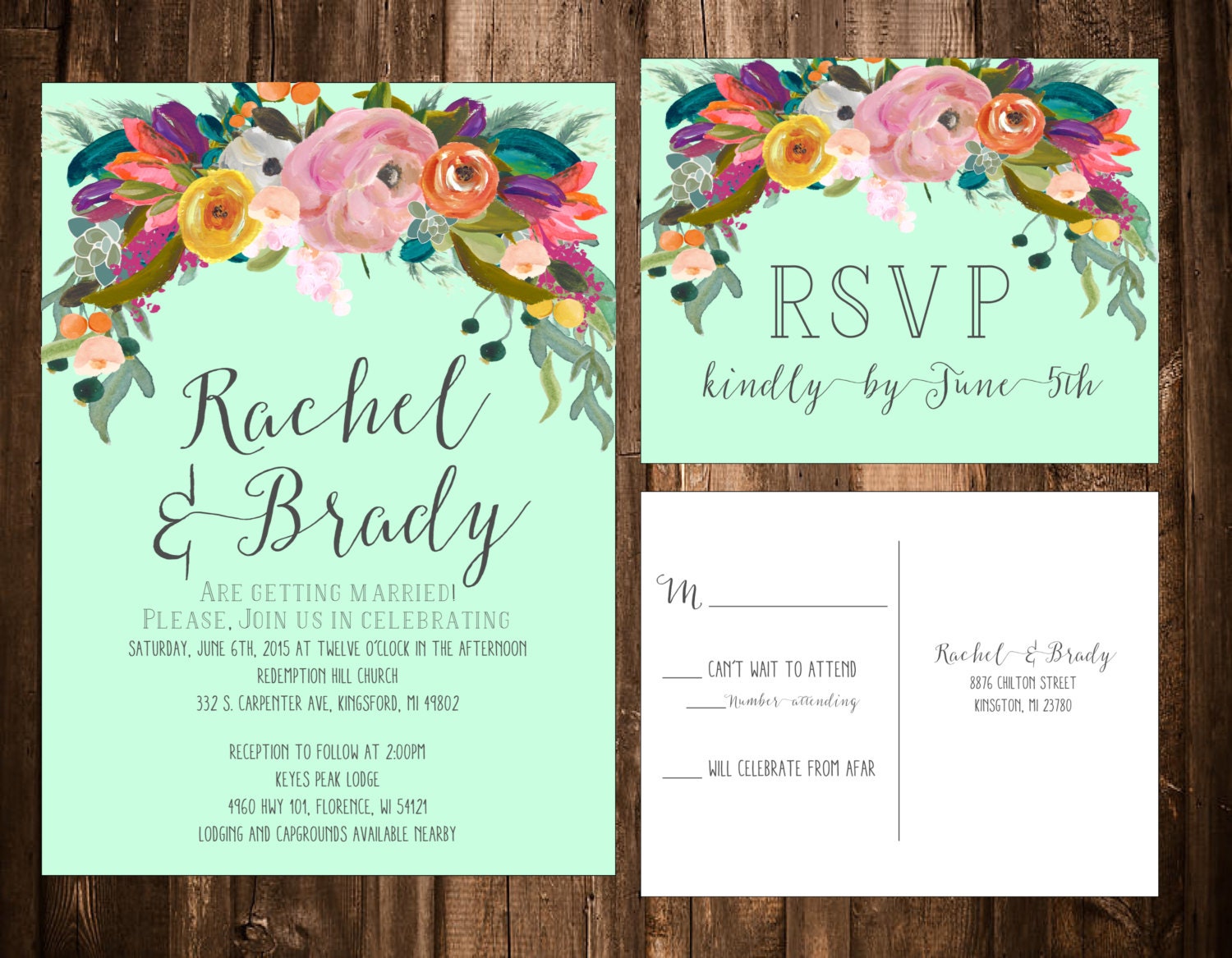 Bright Mint Florals Wedding Invitation Suite by papernpeonies