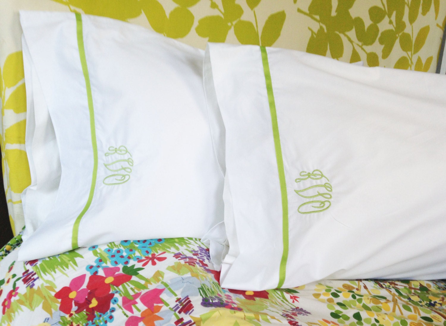 Monogram Standard Pillow Cases with Ribbon Trim / Monogram