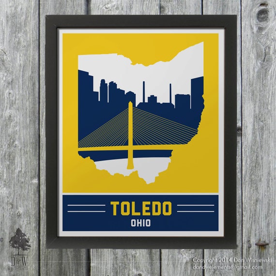 Toledo, Ohio Skyline Poster Print Wall Art Choose a Size Blue & Yellow