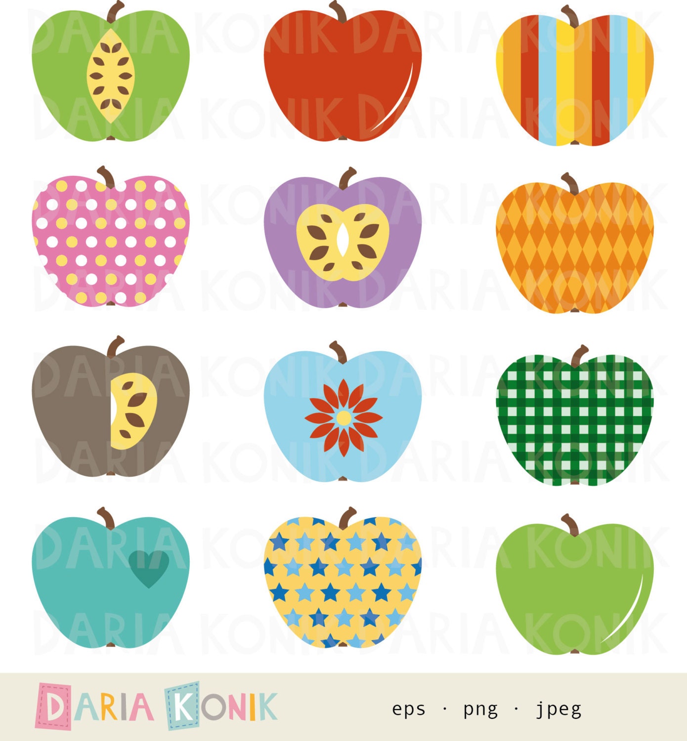 Äpfel Clipart Set-Retro Apples unterschiedliche Muster und