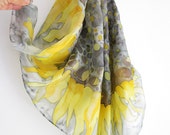 Hand painted silk scarf  with big yellow sunflower on a gray background - Floral watercolor design silk shawl -   OOAK for order