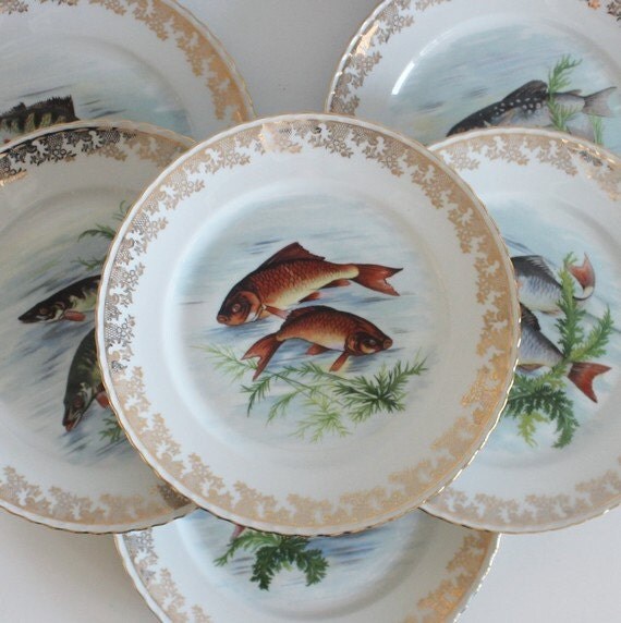 Set of 6 fish dinner plates // French porcelain by ohlalacamille