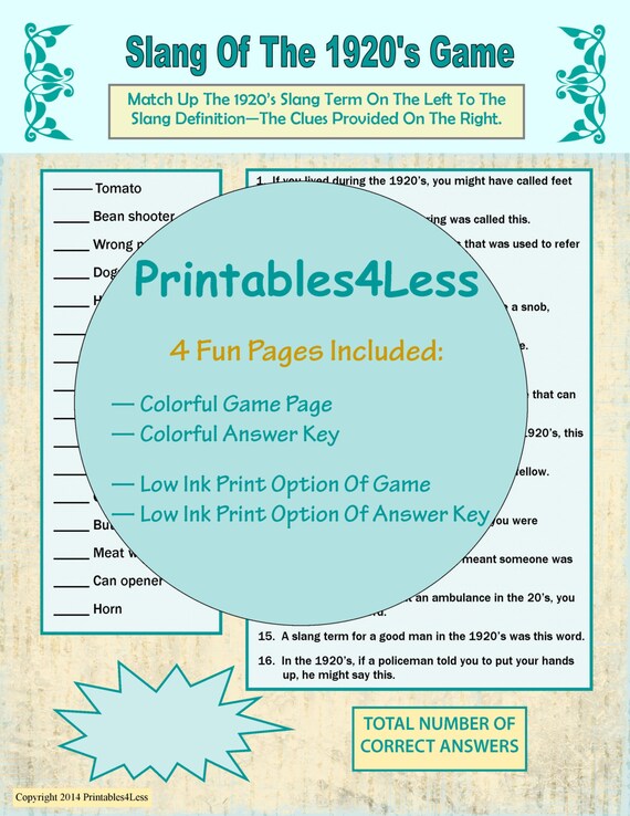 Dinner Party Game Ideas Part - 32: 1920s Slang Game, 1920s Party Ideas, Party Group Games, Flapper Party Game, Dinner Party Games, Brain Teaser Games - By Printables 4 Less