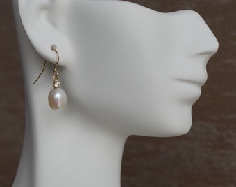 Freshwater Pearl Earrings-14 K Yellow Gold-Bridal Earrings-Pearl dangle earrings-Pearl drop earrings-Diamond & Pearl-anniversary gift