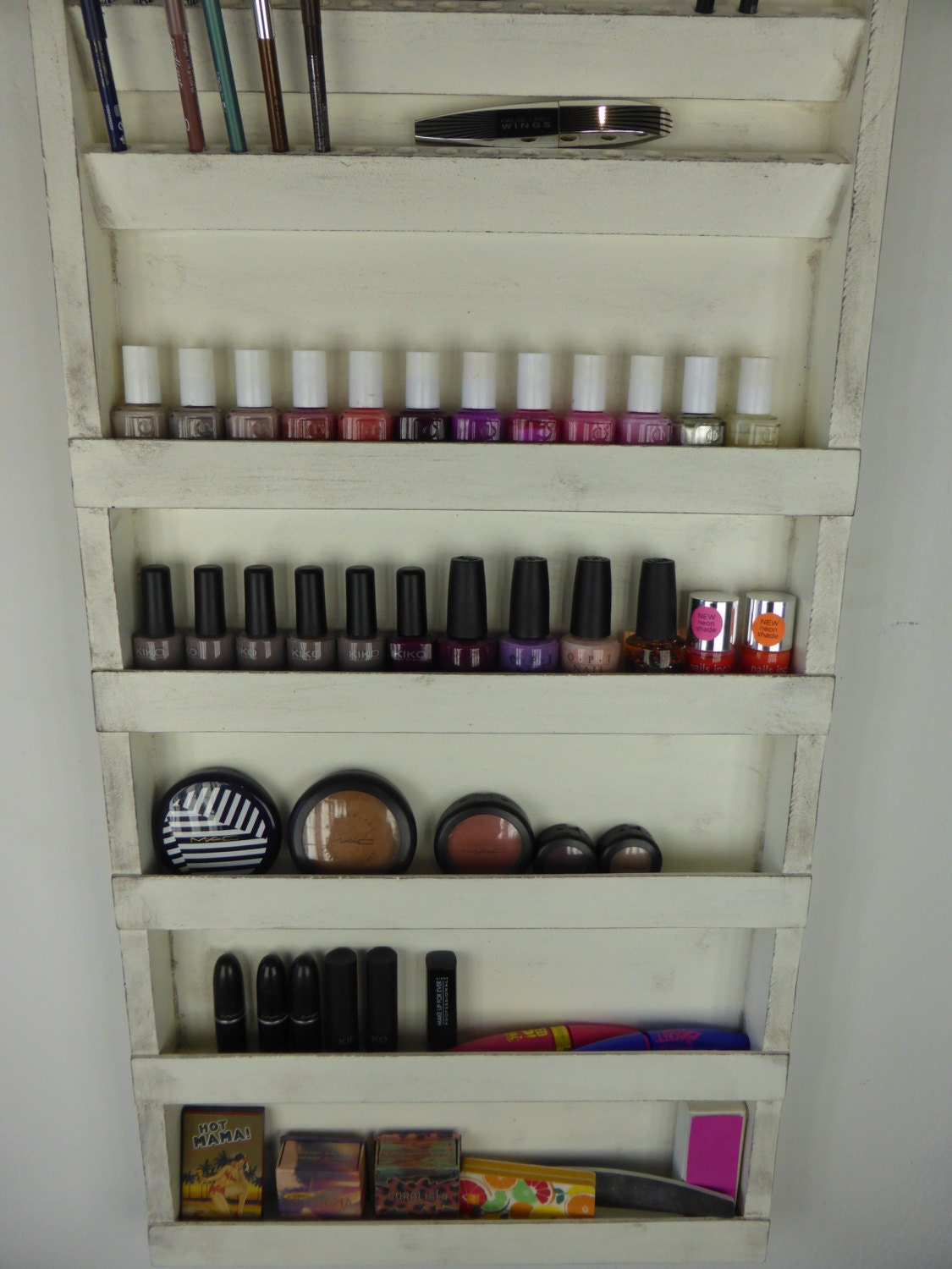 Old white Nail polish rack Makeup organizer bathroom