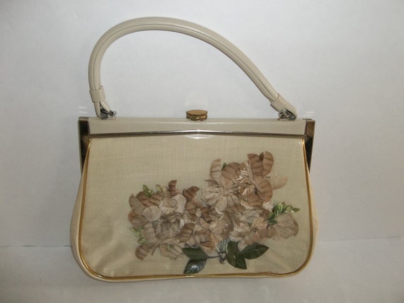Vintage Tan Floral, Clear Vinyl Handbag  Flowered Pocketbook