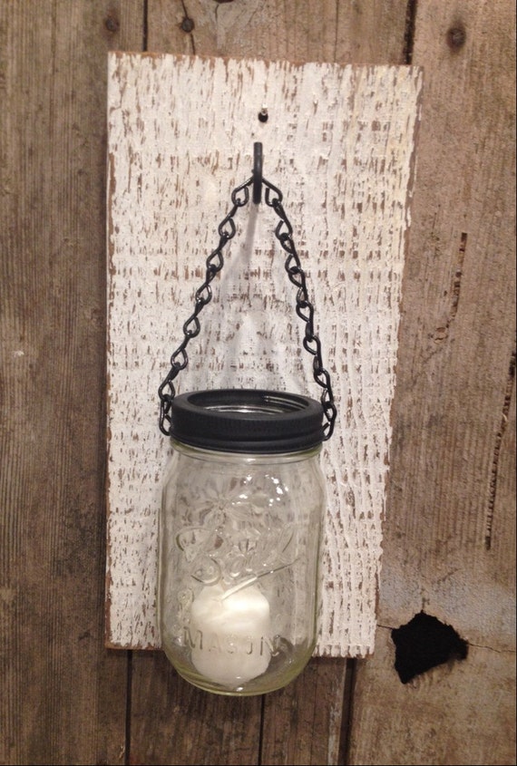 Items similar to Single white barn wood mason jar candle holder on Etsy