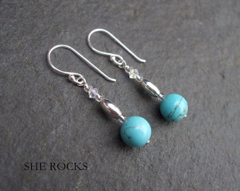 Turquoise drop earrings, Sterling Silver December Birthstone gift Turquoise bead earrings Silver Turquoise jewelry real honeymoon jewellery