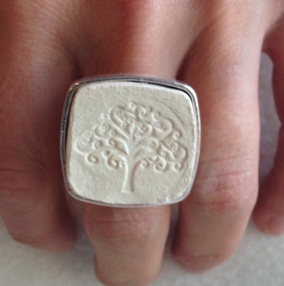 Handmade Essential oils Ring Tree of Life stamped pottery on